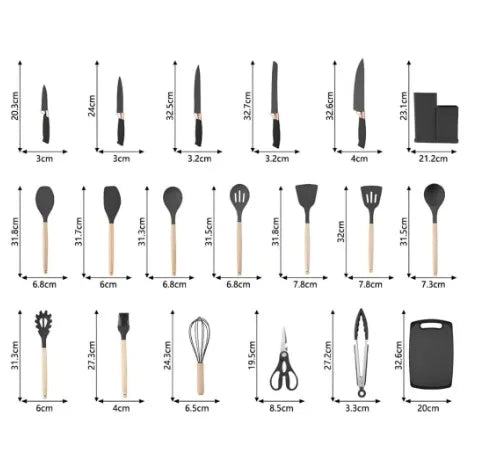 Kit Completo Jogo Utensílios de Cozinha Luxo 19 Peças Com Tábua em Silicone Espátula Faca Tesoura 2000GR Kitchen Presente Cores