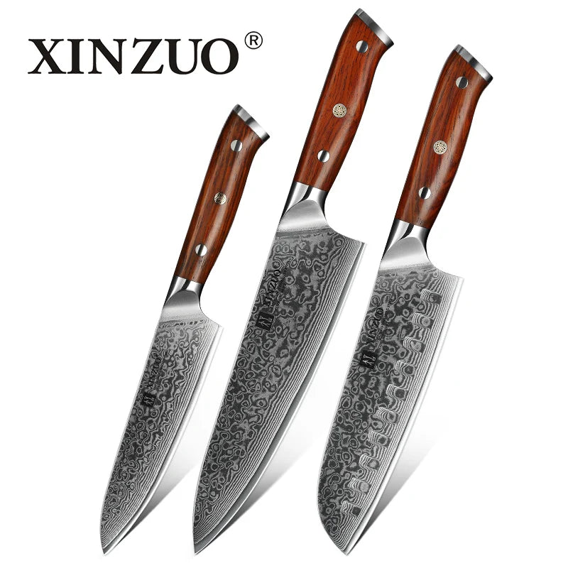 XINZUO 1PCS or 3PCS Kitchen Knife Sets Japanese Forged Damascus Steel Chef Santoku Knives Stainless Steel Rosewood Handle