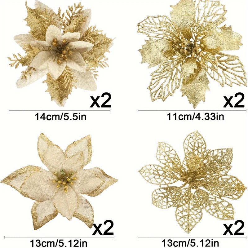 8/16Pcs/set Glitter Artifical Christmas Flowers Christmas Tree Decorations for Home Fake Flowers Xmas Ornaments New Year Decor