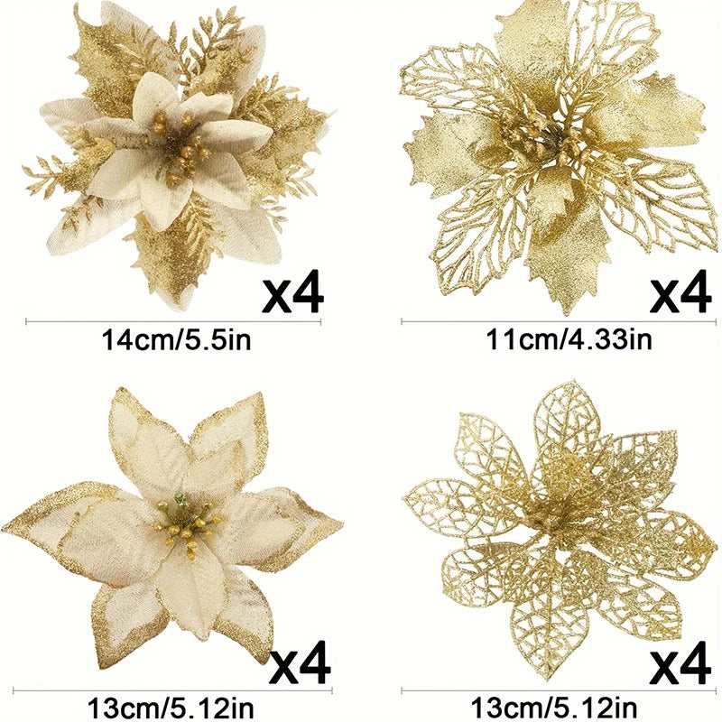 8/16Pcs/set Glitter Artifical Christmas Flowers Christmas Tree Decorations for Home Fake Flowers Xmas Ornaments New Year Decor