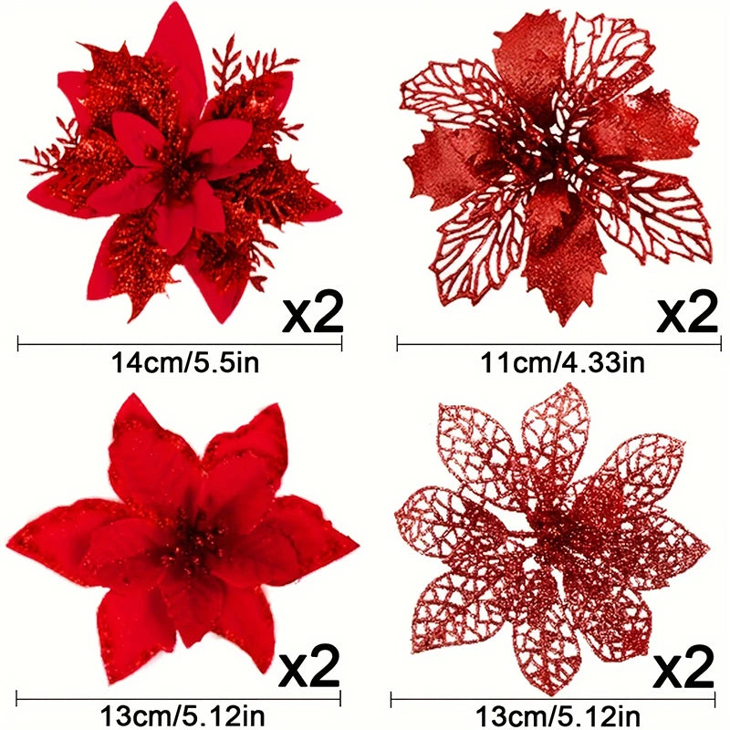 8/16Pcs/set Glitter Artifical Christmas Flowers Christmas Tree Decorations for Home Fake Flowers Xmas Ornaments New Year Decor