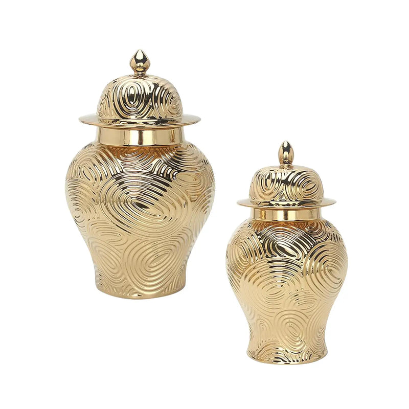 Ceramic Vase Ginger Jar with Lid Golden Pattern for Office Decoration