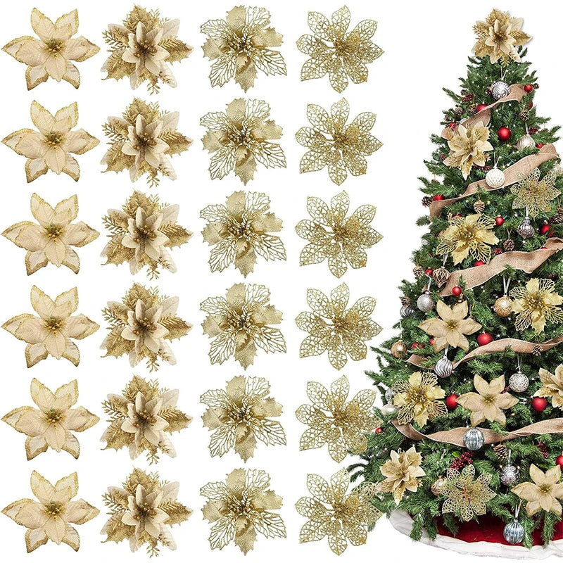 8/16Pcs/set Glitter Artifical Christmas Flowers Christmas Tree Decorations for Home Fake Flowers Xmas Ornaments New Year Decor