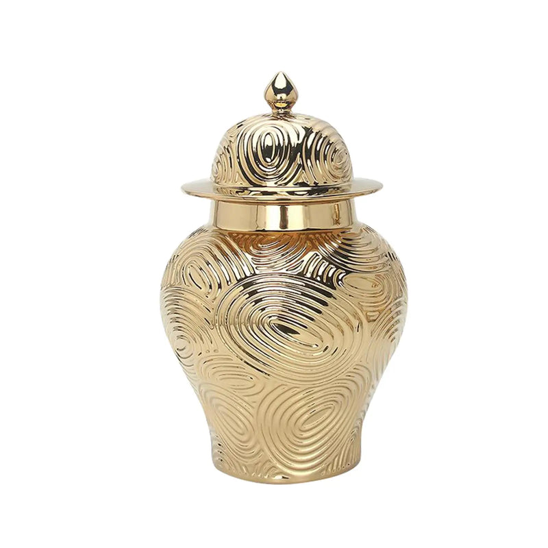 Ceramic Vase Ginger Jar with Lid Golden Pattern for Office Decoration