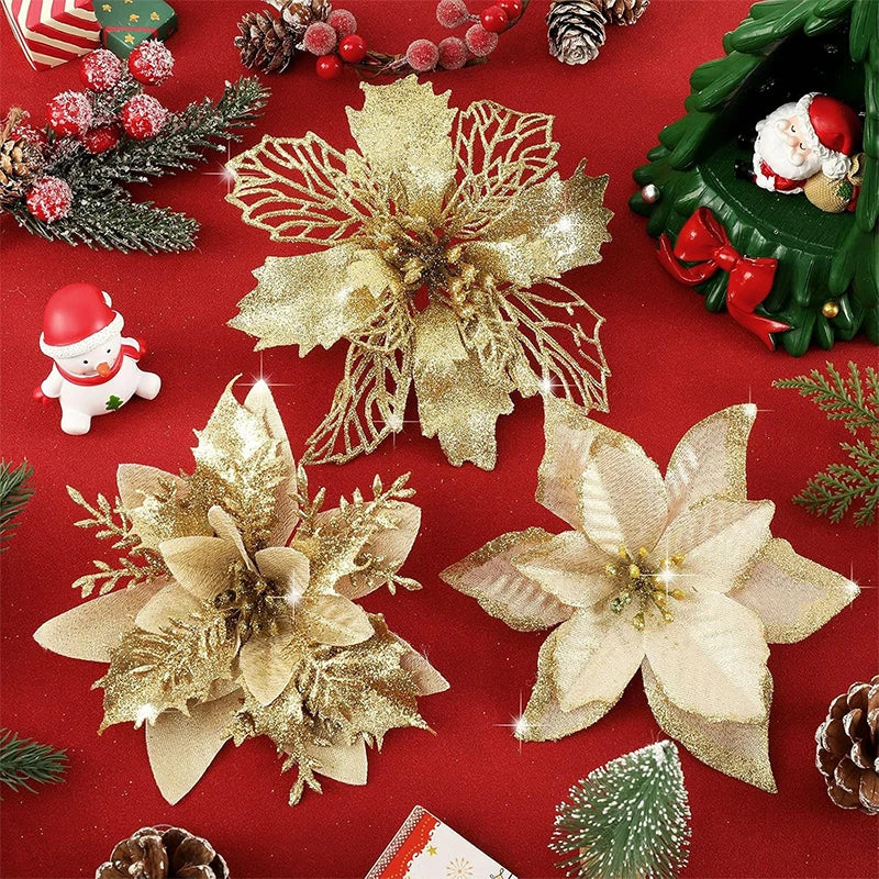 8/16Pcs/set Glitter Artifical Christmas Flowers Christmas Tree Decorations for Home Fake Flowers Xmas Ornaments New Year Decor