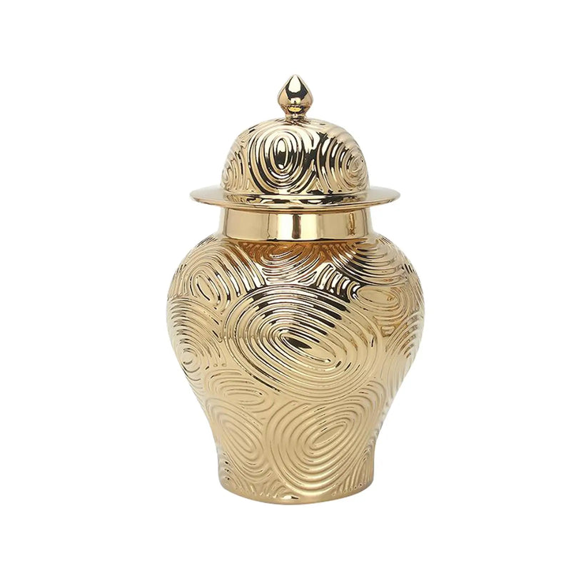 Ceramic Vase Ginger Jar with Lid Golden Pattern for Office Decoration