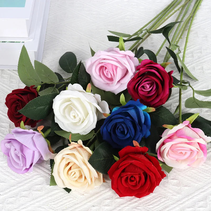 5Pcs Artificial Flowers Bouquet Red Velvet Fake Rose Flower for Wedding Home Table Decoration Christmas Valentine's Day Gift