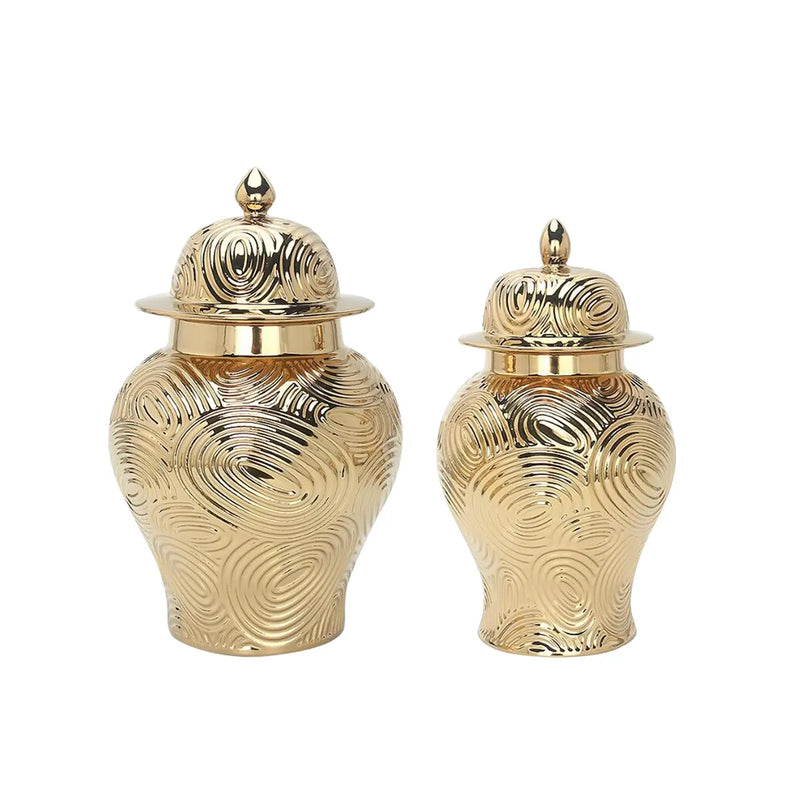 Ceramic Vase Ginger Jar with Lid Golden Pattern for Office Decoration