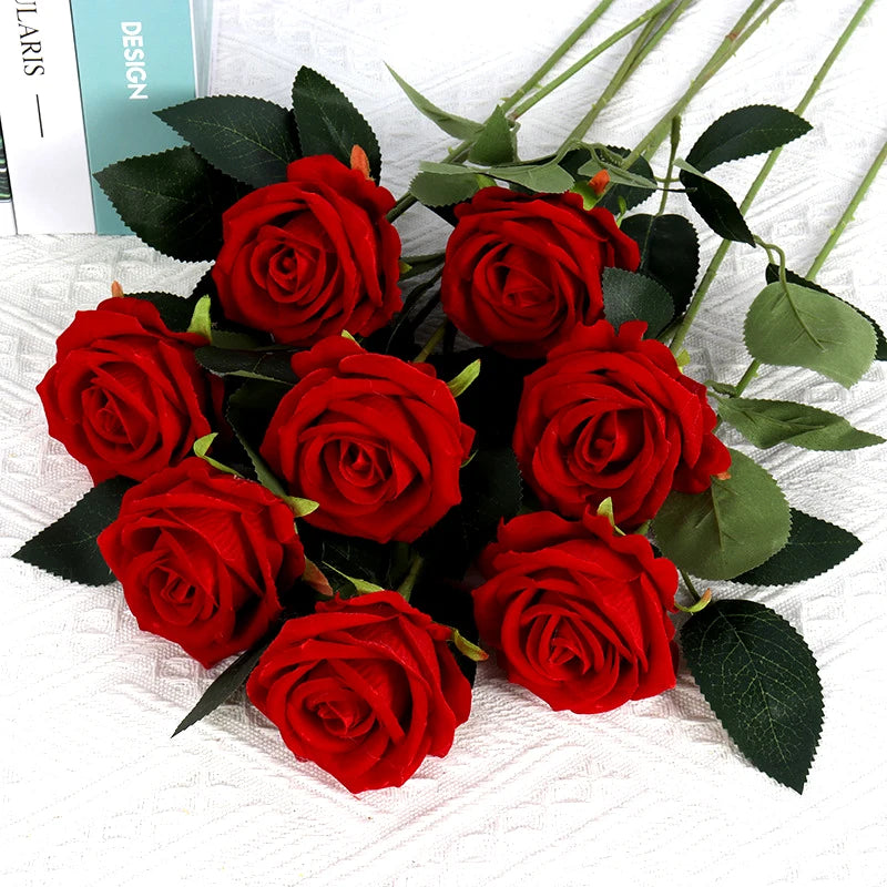 5Pcs Artificial Flowers Bouquet Red Velvet Fake Rose Flower for Wedding Home Table Decoration Christmas Valentine's Day Gift